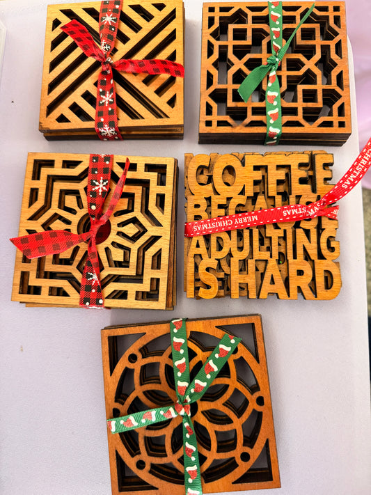 Laser-Cut Wooden Coaster Set – Modern + Statement Designs (Set of 4)