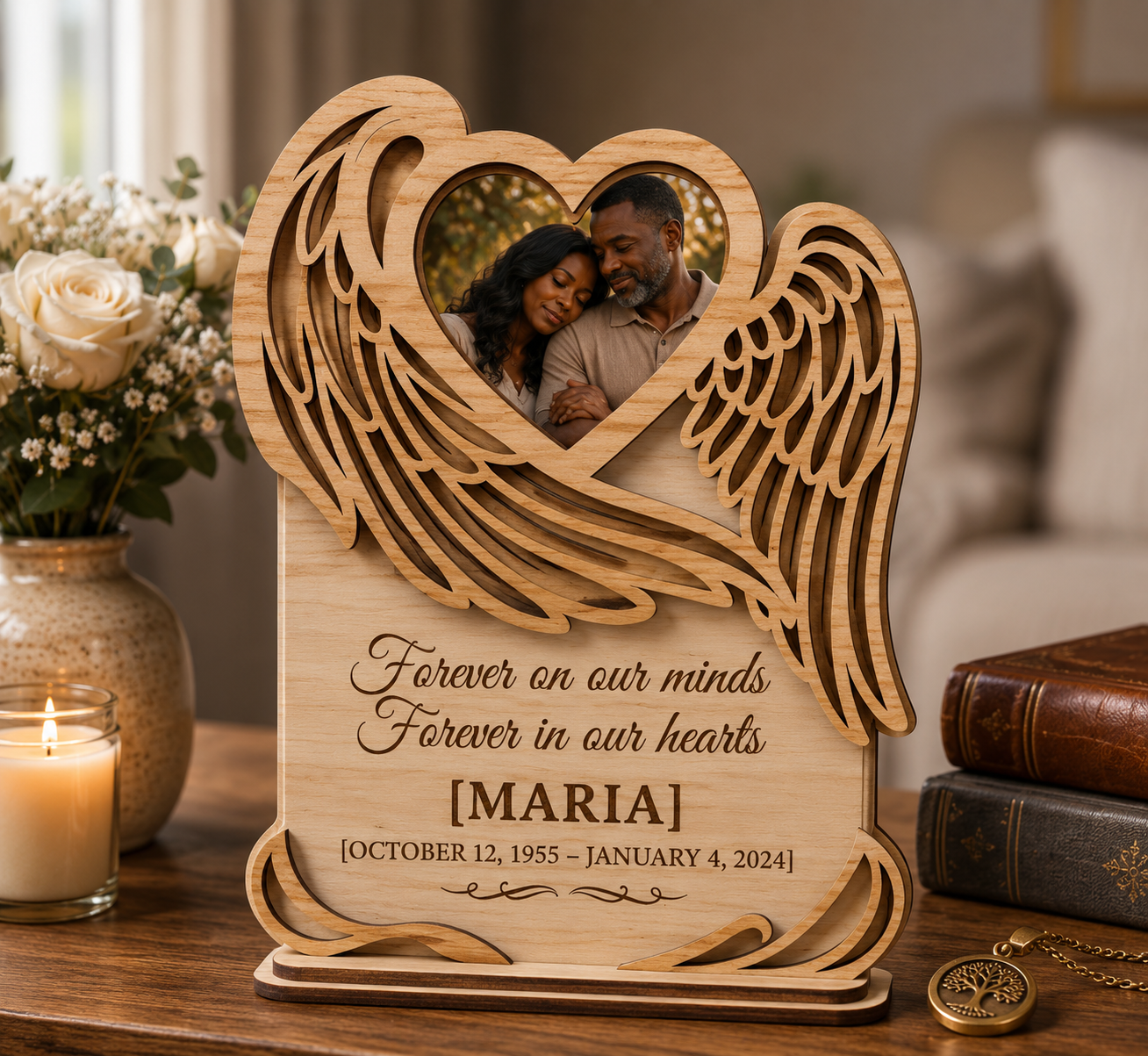 Personalized Memorial Photo Plaque – Angel Wing Remembrance Keepsake